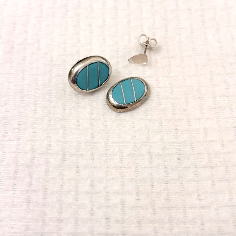 Zuni Turquoise Channel Inlay Sterling Silver Oval stud Earrings
